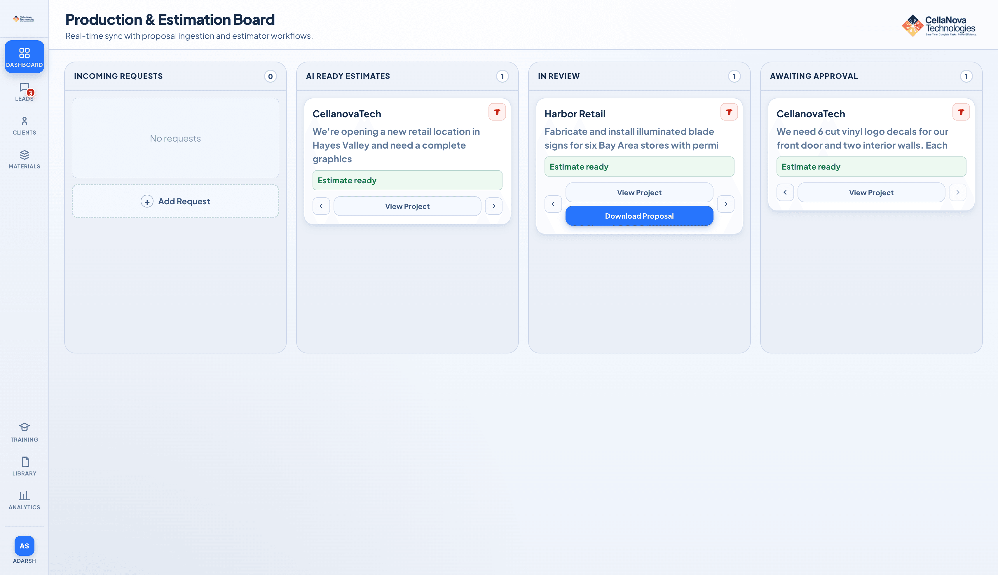 Production and Estimation board showing jobs moving through stages