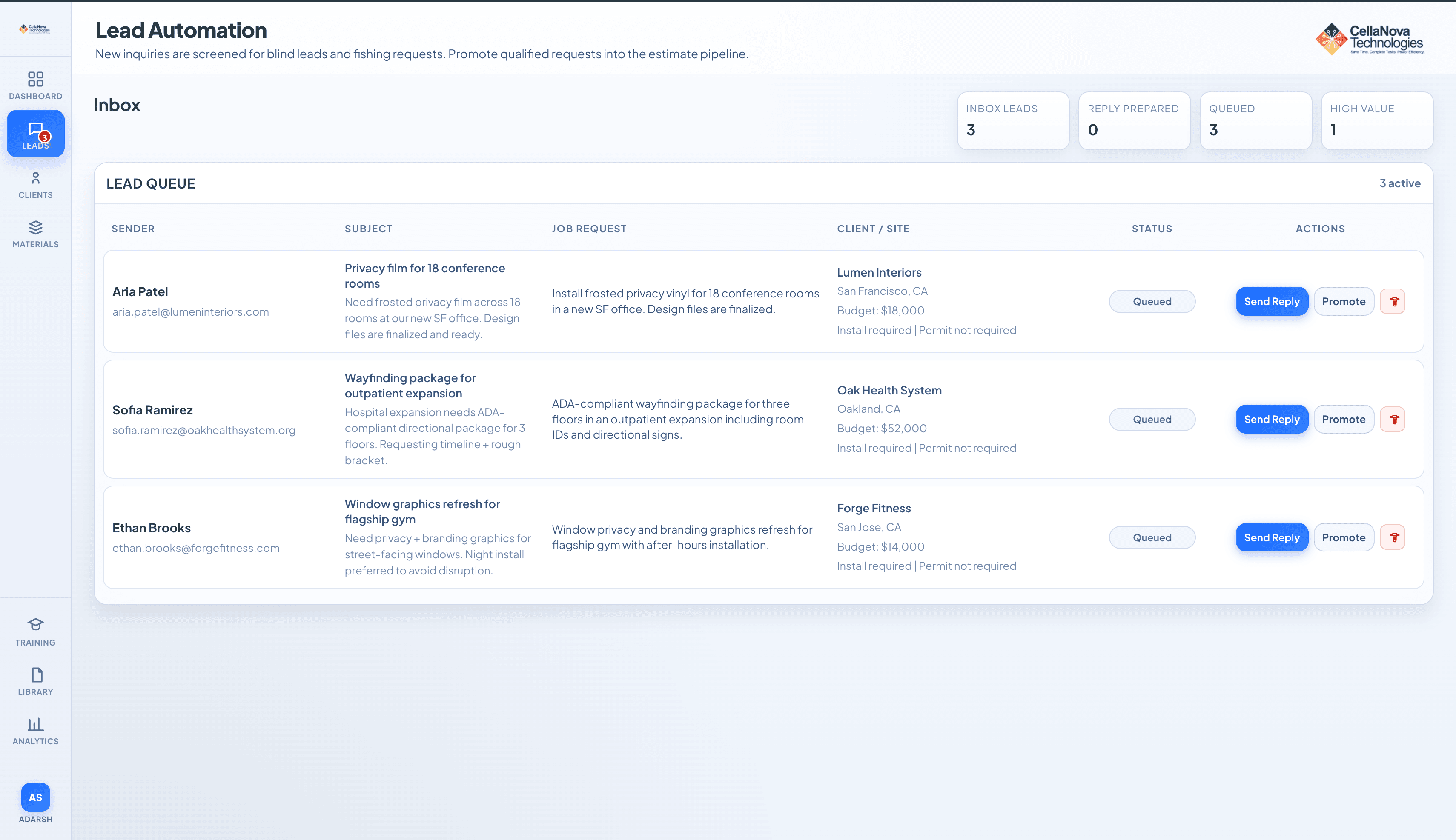 Lead Automation dashboard with inbound requests queued for review
